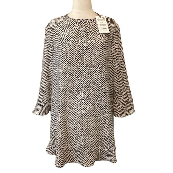 NWT Zara Women's Black Mix Printed Tunic Mini Dress Fluted Sleeve M - Picture 3 of 14